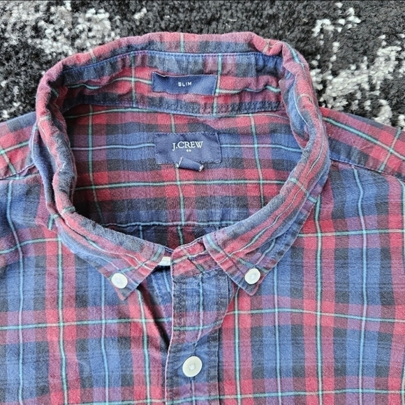 J Crew Slim Long Sleeve Button Up Shirt Red Blue Plaid Cotton Mens Size Medium - Picture 2 of 11
